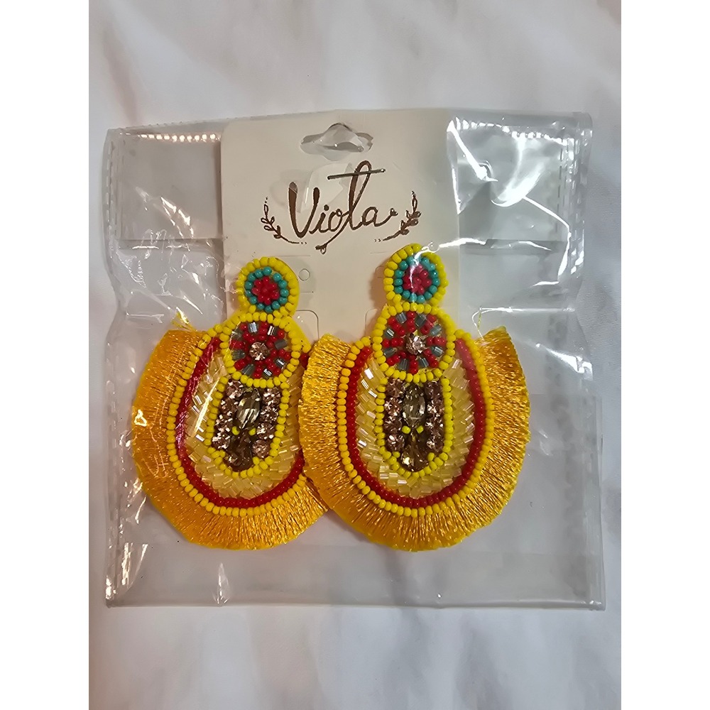 Viola‎ Yellow Beaded Fringe Statement Earrings Boho Embroidered Crystal Drop NEW